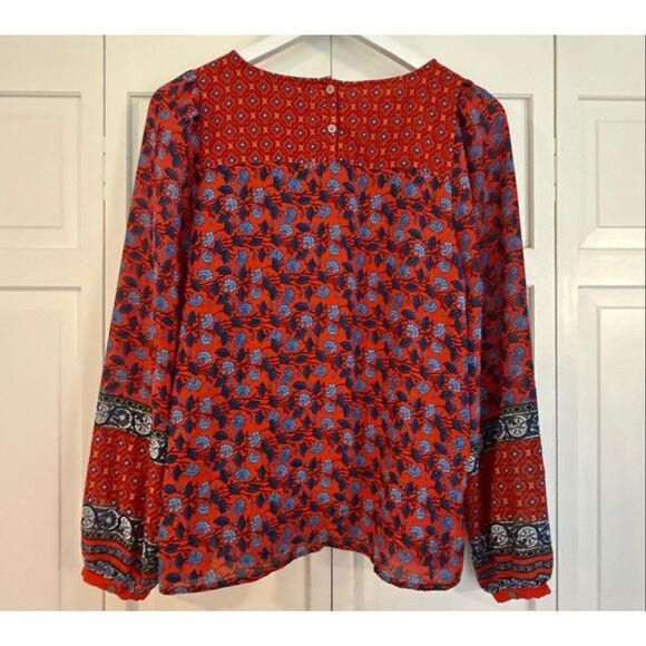 Loft red floral geometric border long sleeve blouse M - Picture 10 of 11